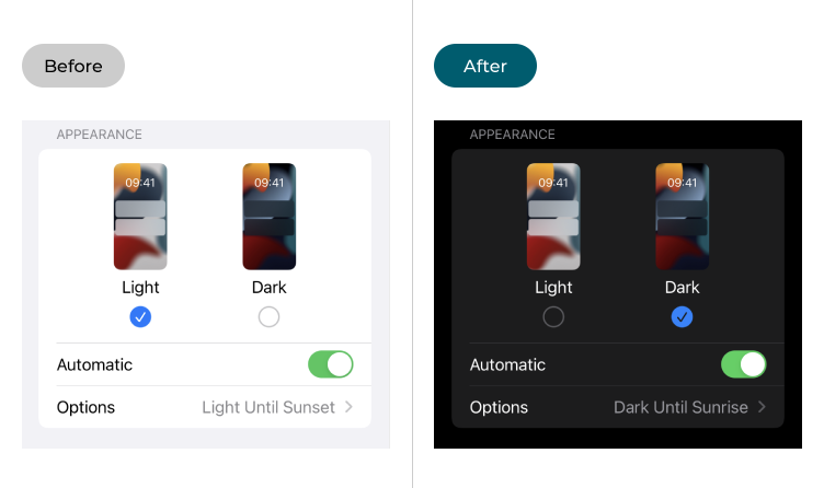 The iOS 15 Display & Brightness settings screen in Light Mode and Dark Mode